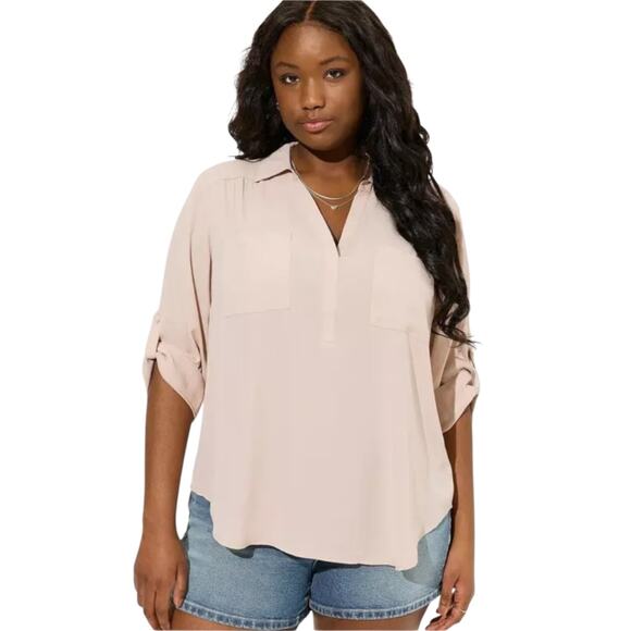 Torrid Harper “Mushroom” Nude/ Tan Georgette Roll Sleeve Pocket Blouse-Large - Picture 1 of 9